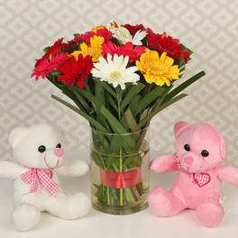 Mix Gerbera In Vase With Teddy Bear